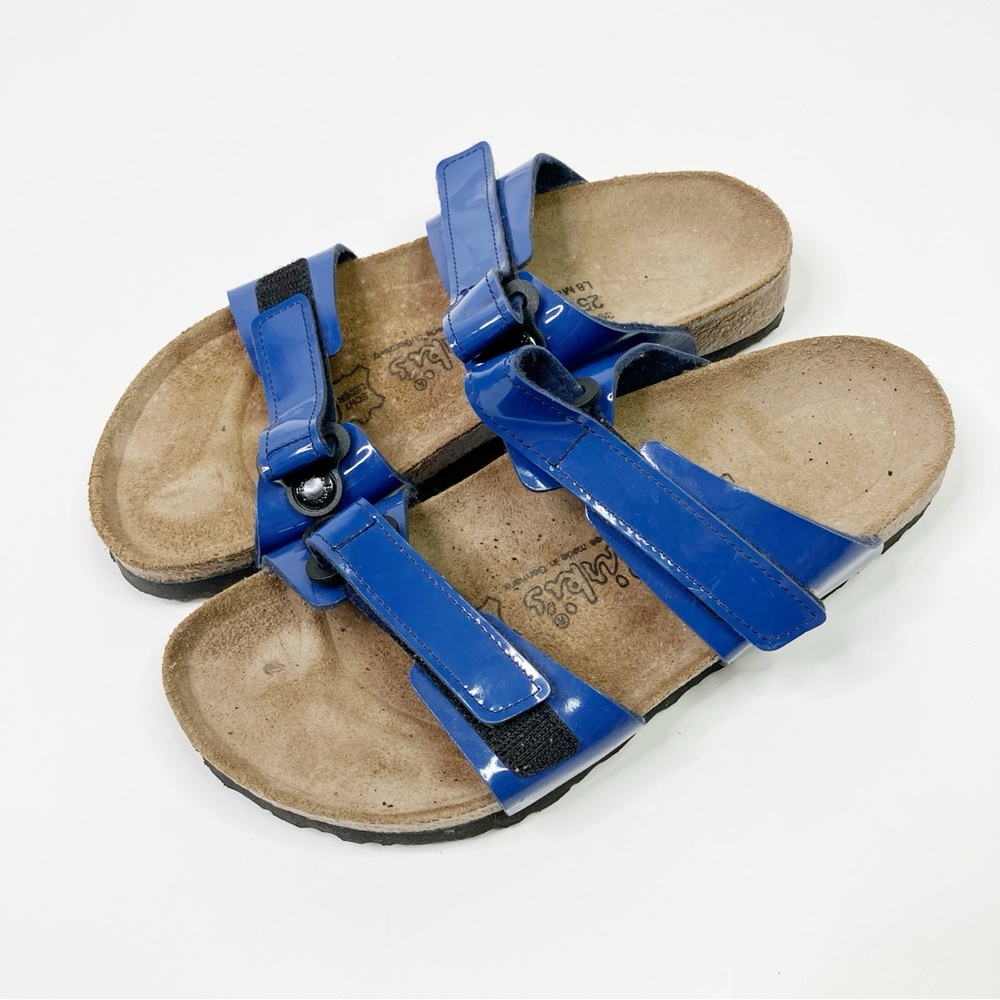 Birki's | Shiny Blue Womens 39/8 Self-Fastener Slide Sandals